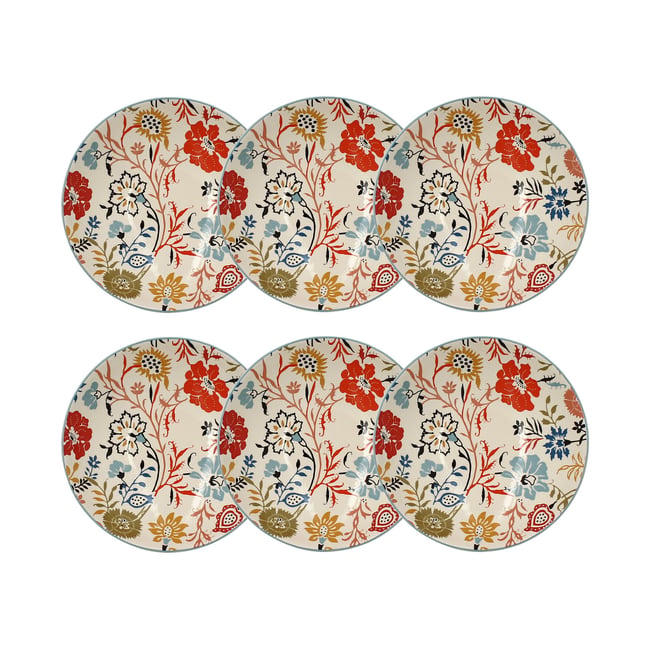 Lot de 6 assiettes calottes florales en grès 19cm, JAIPUR Couleur blanc-bleu-jaune-rouge-vert <span itemprop=