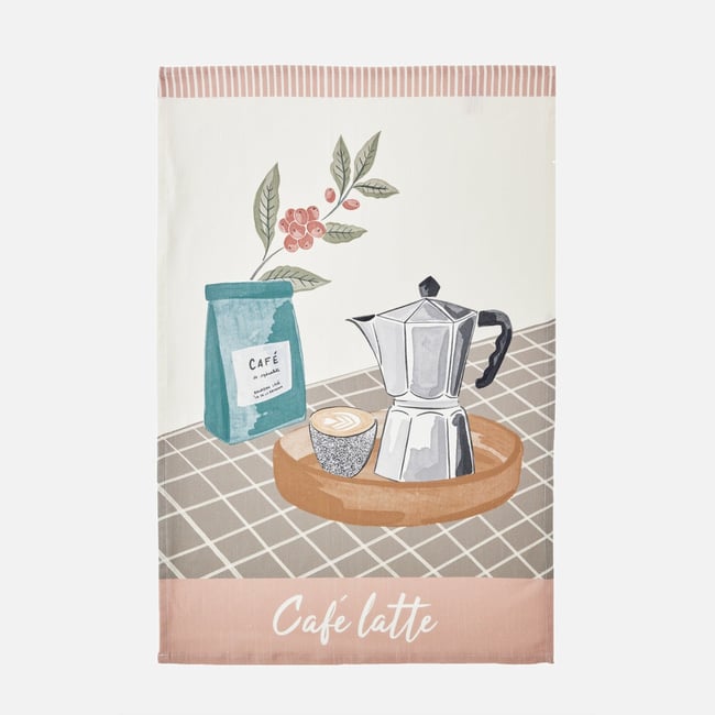 Torchon imprimé en coton et lin CAFÉ LATTE beige <span itemprop=