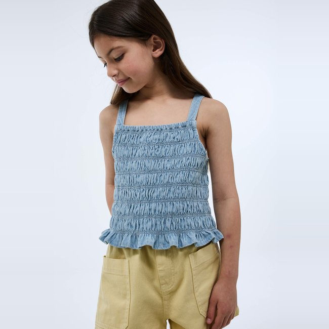 Top smocké en jean blue denim <span itemprop=
