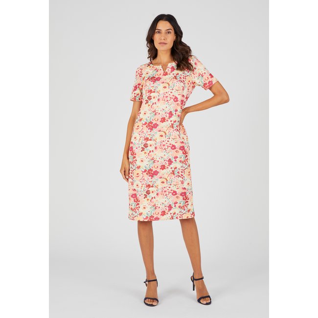 Robe maille gaufrée rose fleuri <span itemprop=