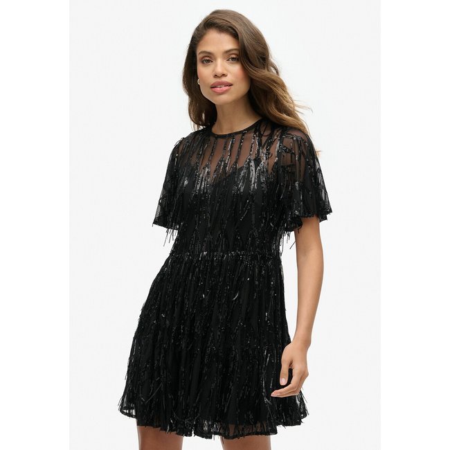 Volume Mini Dress in Ruffle Mesh, black, SUPERDRY