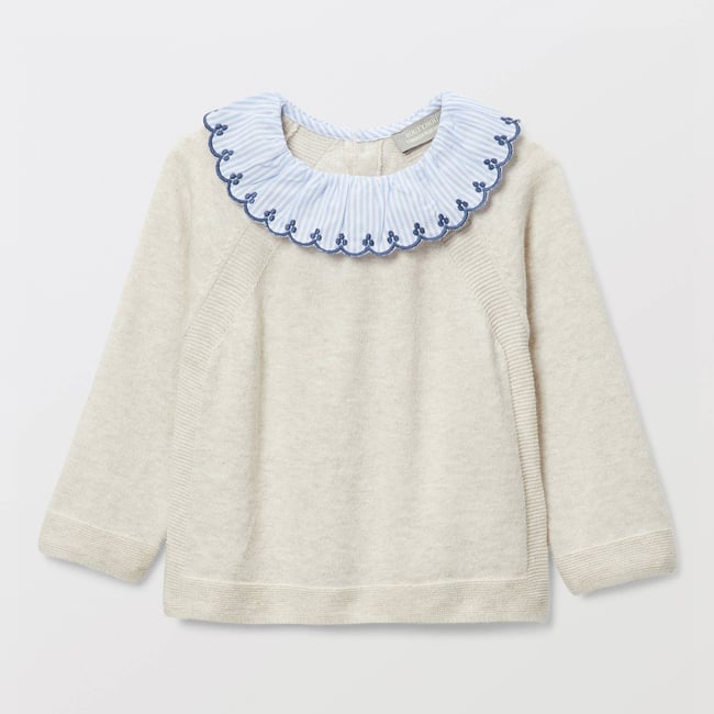 Pull uni à col rayé contenant de la laine beige melange <span itemprop=