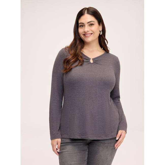 T-shirt col V avec applications bijoux gris <span itemprop=