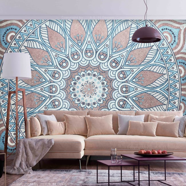 Papier peint intissé panoramique Orient Oriental Circle Couleur gris / argent <span itemprop=