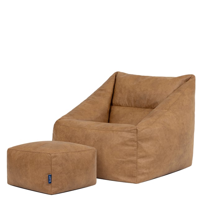 Pouf fauteuil et son repose-pied carré en imitation cuir, végan Oeko-Tex® - NATALIA Couleur brun <span itemprop=