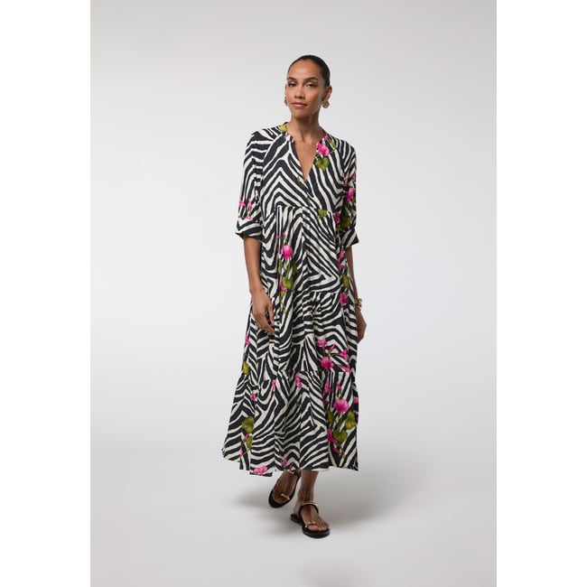 Robe longue fluide floral imprimé zèbre noir <span itemprop=