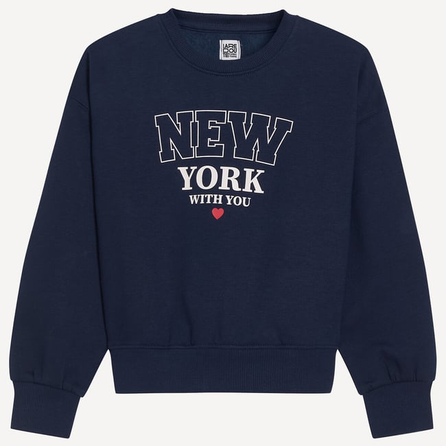 Sweat col rond, en molleton, avec message New York imprimé devant bleu marine <span itemprop=
