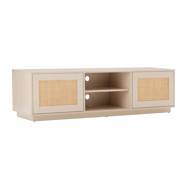Meuble TV effet bois et cannage en rotin naturel 160 cm style bohème, WALTER Couleur crème <span itemprop=