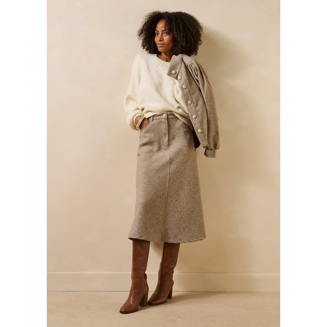 Jupe midi boutonnée en tweed greige <span itemprop=