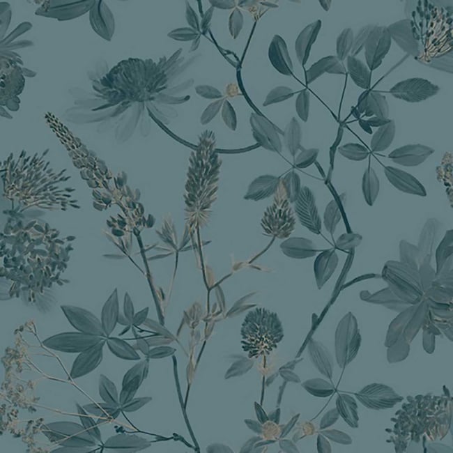 Papier peint floral botanique fond bleu canard Couleur bleu <span itemprop=