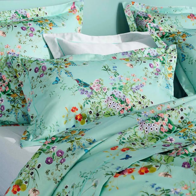 Taie d'oreiller satin de coton LE PRINTEMPS azur <span itemprop=