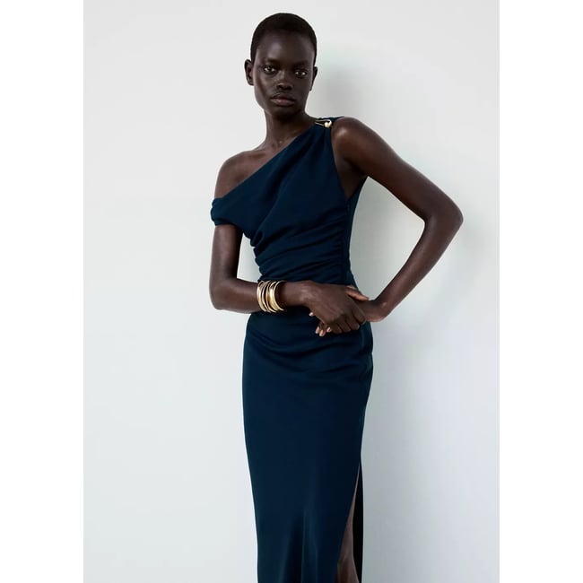 Robe drapée broche bleu marine foncé <span itemprop=