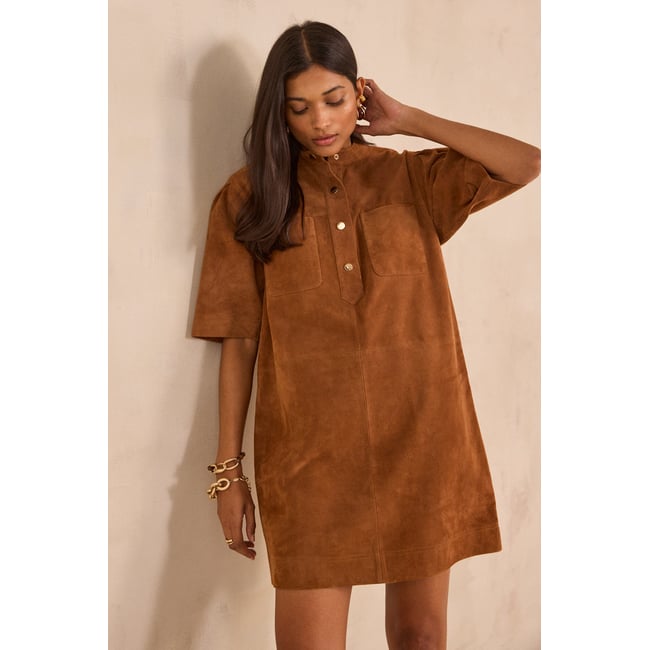 Robe droite en cuir suède PENNY camel fonce <span itemprop=