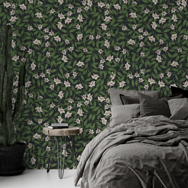 Papier peint plantes de Datura et feuilles vertes - 85x260 cm (l x h) Couleur noir <span itemprop=