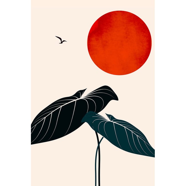 Tableau fleurs Monstera au soleil rouge - HEXOA