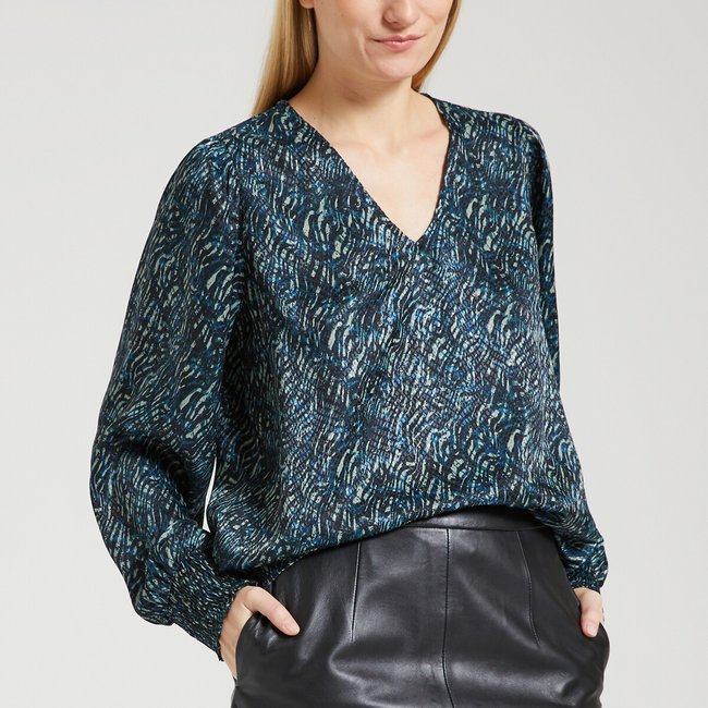 Blouse encolure v, effet satiné, imprimée imprimé bleu <span itemprop=