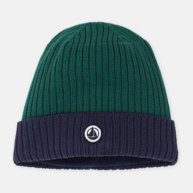 Berretto da bambino in maglia bicolore, foderato in pile blu marine/verde PETIT BATEAU