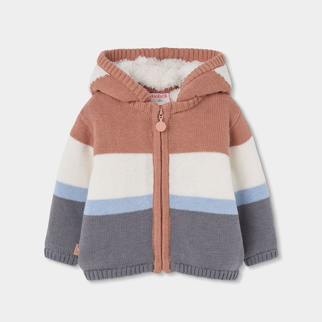 Veste en maille bébé garçon à rayures avec capuche marron <span itemprop=