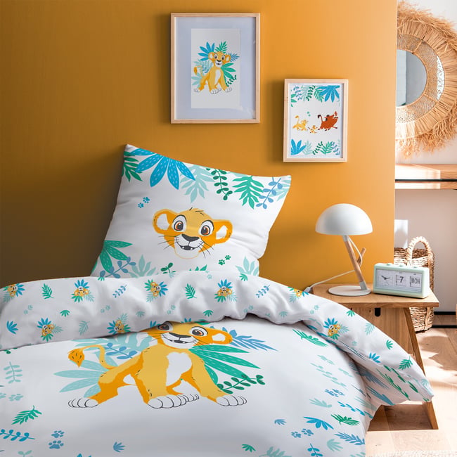 Parure de lit imprimée 100% coton, THE LION KING SIMBA blanc, jaune <span itemprop=