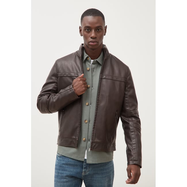 Blouson cintré similicuir col montant marron foncé <span itemprop=