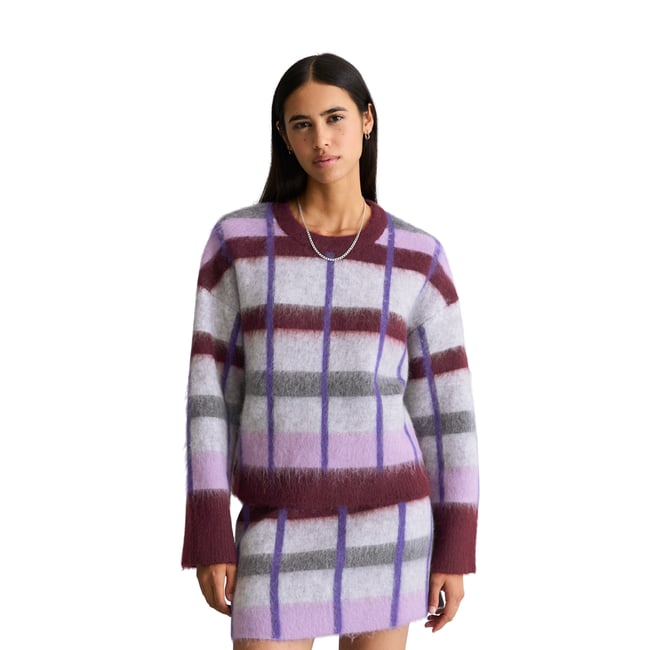 Pull jacquard oversize en un mélange douillet de laine vierge et de mohair mauve <span itemprop=