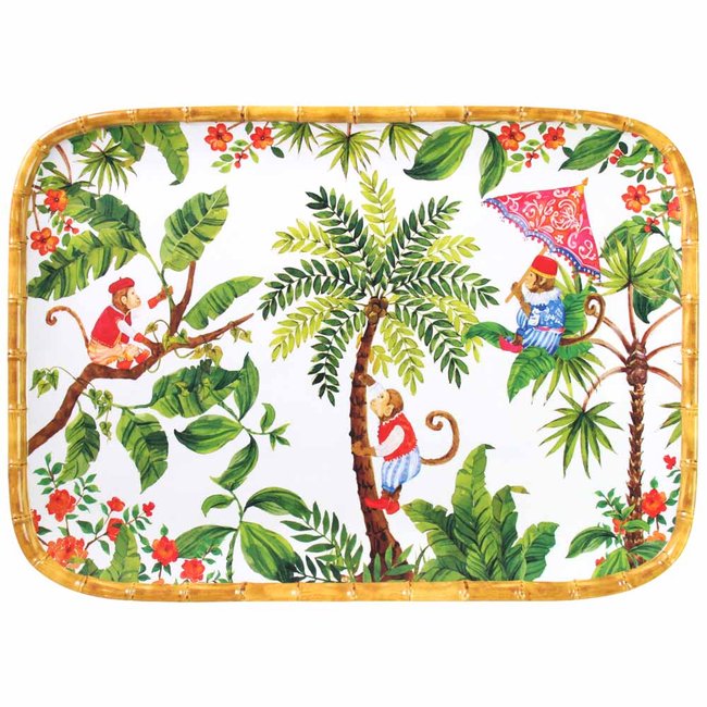 Plateau rectangulaire Singes de Bali 45 cm Couleur vert, rouge <span itemprop=