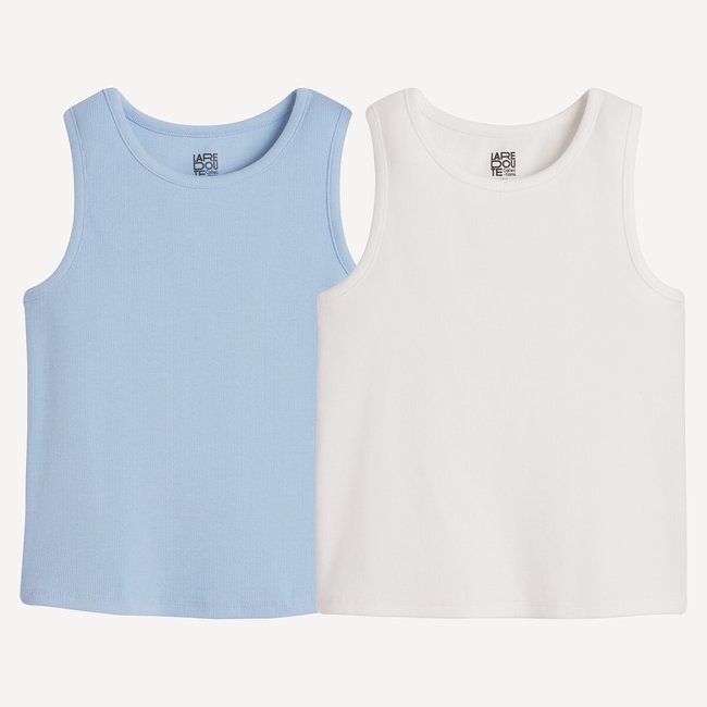 Lote de 2 camisetas de tirantes de canalé azul claro + crudo <span itemprop=