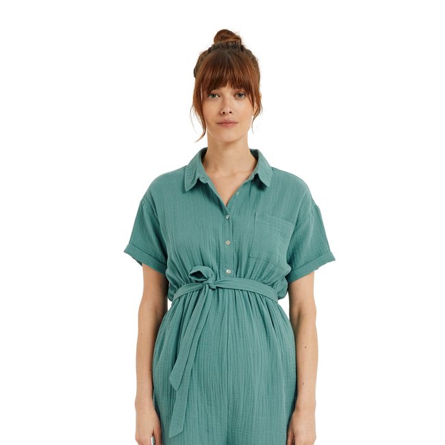 Combishort grossesse et allaitement en gaze de coton vert émeraude <span itemprop=