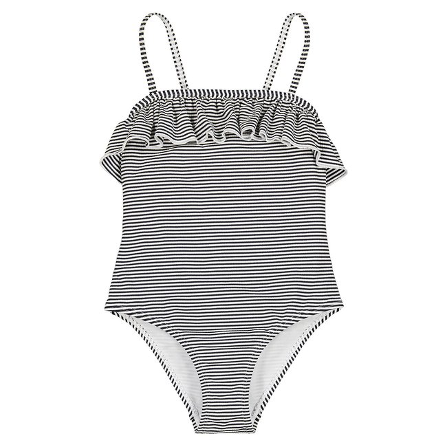Maillot de bain 1 pièce rayé et à volant rayé écru/marine <span itemprop=