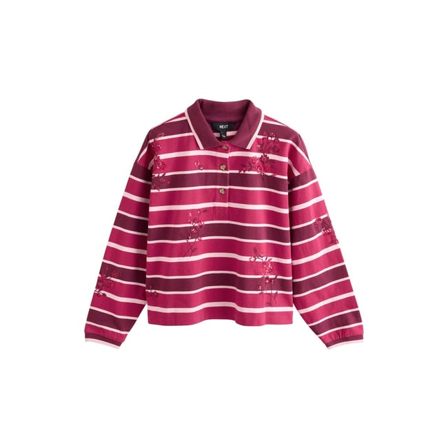 Haut style rugby à manches longues/ornements rayure rose foncé <span itemprop=