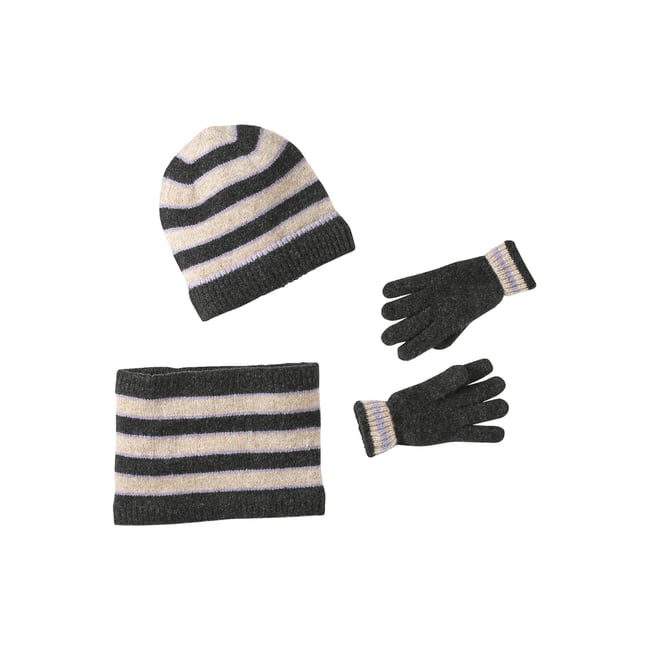 Ensemble bonnet, snood et gants tricot anthracite <span itemprop=