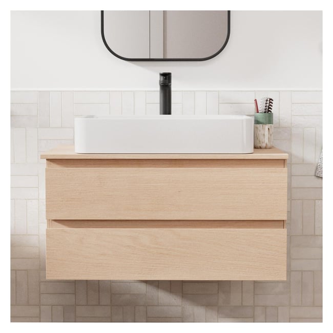 Ensemble meuble simple vasque 80 cm + vasque + robinet SORRENTO Couleur chêne <span itemprop=