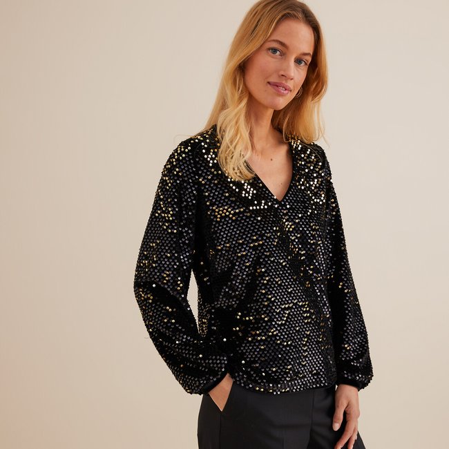 Langarmshirt mit Pailletten & V-Ausschnitt schwarz/goldfarben <span itemprop=