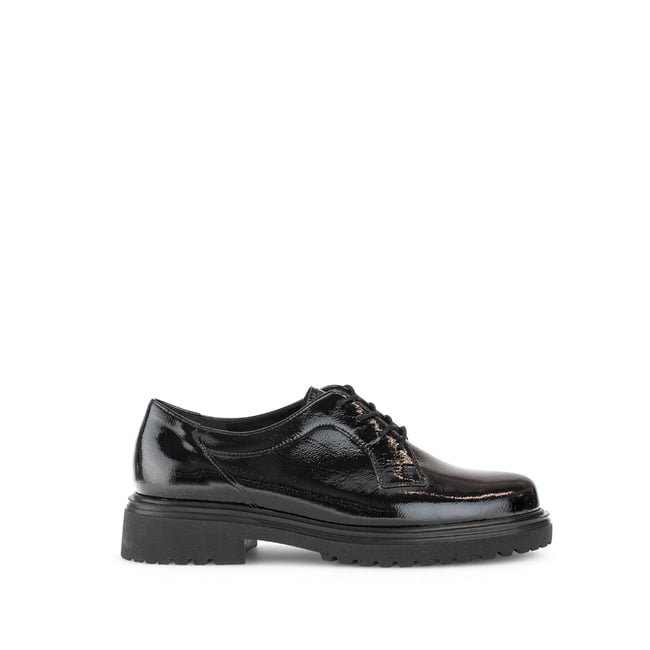 Derbies en cuir à talon décroché noir vernis <span itemprop=