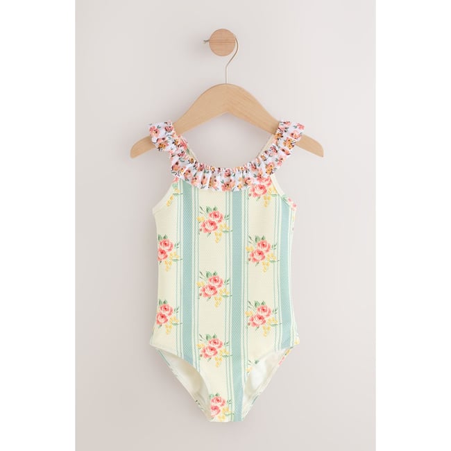 Maillot de bain à volants rayures florales bleues <span itemprop=