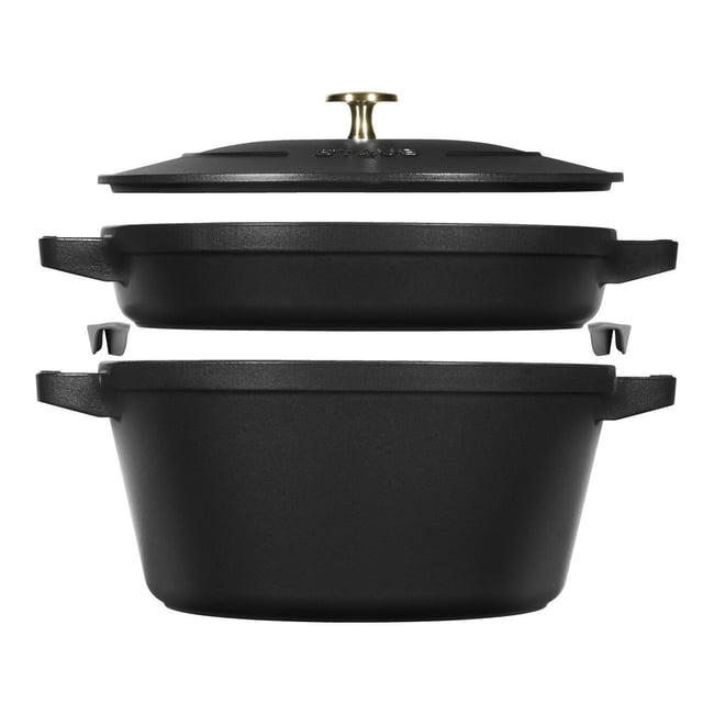 Set empilable polyvalent en Fonte, 3 pièces, Rond, Ø 24 cm, Noir (Cocotte / poêle / couvercle) noir <span itemprop=
