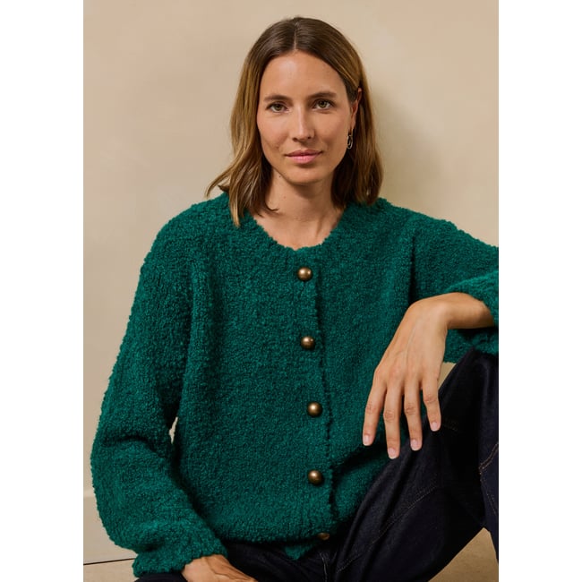 Gilet en maille bouclette col rond emeraude <span itemprop=