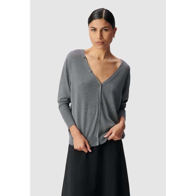 Cardigan tricot réversible devant/dos gris chiné <span itemprop=