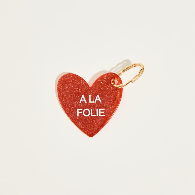 Porte-clés cœur message A LA FOLIE orange rouge <span itemprop=