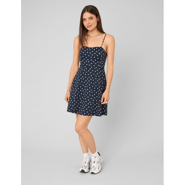 Robe à bretelles pois bleu foncé <span itemprop=