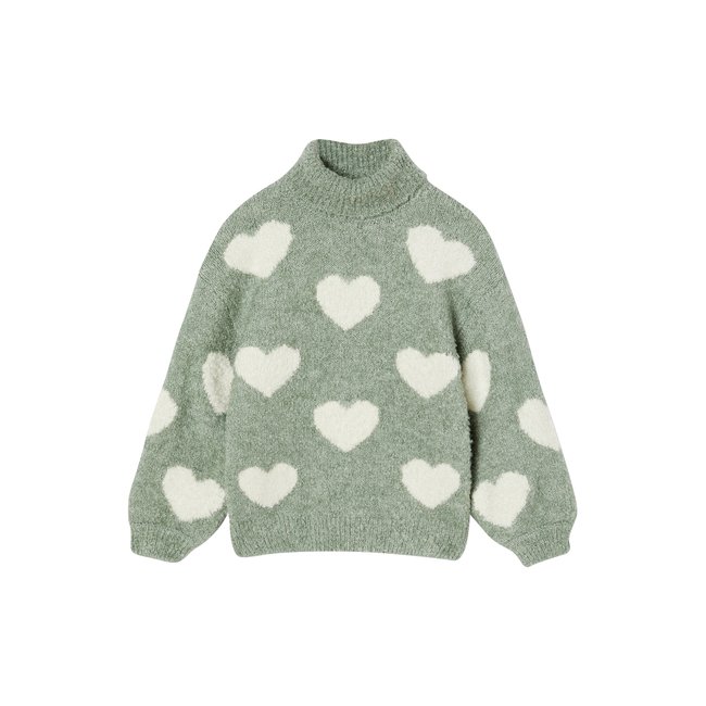 Pull col roulé maxi motifs en maille mousseuse vert de gris <span itemprop=