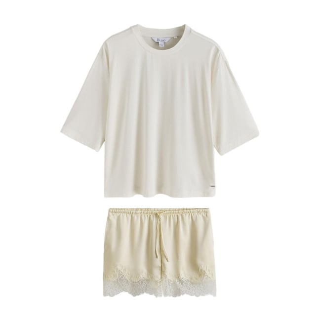 Ensemble pyjama short à détails dentelle crème/jaune <span itemprop=