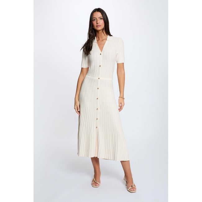 Robe tricot col à revers ivoire <span itemprop=