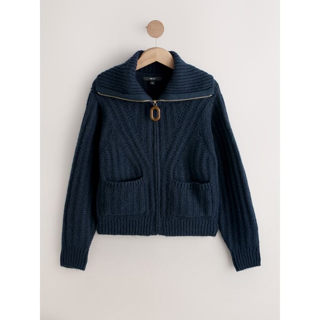 Cardigan en maille à col zippé bleu marine <span itemprop=