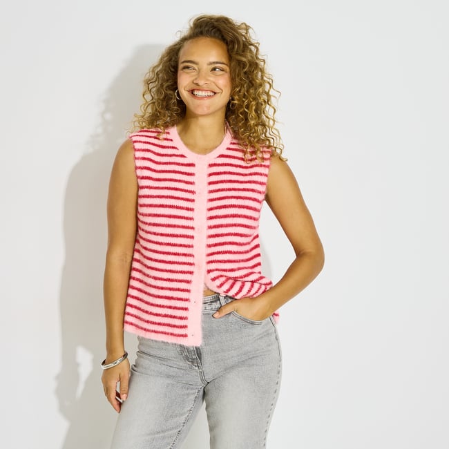 Gilet marinière sans manches rose <span itemprop=
