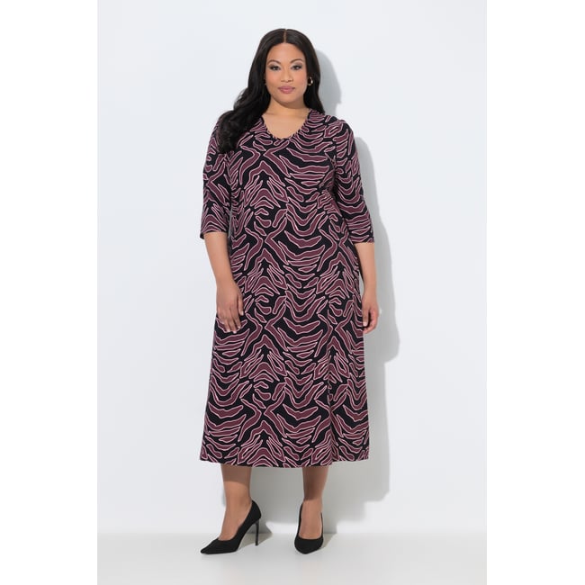 Robe longue, imprimé graphique, col en V brun nougat <span itemprop=