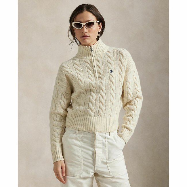 Pull col zippé maille torsadée, laine et cachemire  crème <span itemprop=