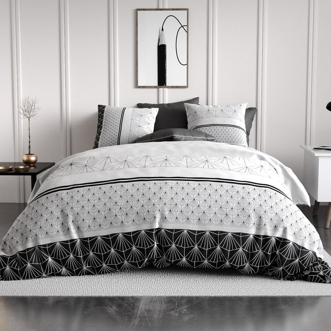 Parure housse de couette imprimée avec taie(s) en coton, Casta noir <span itemprop=