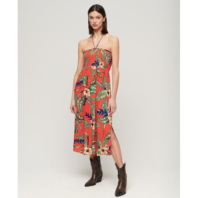 Robe de plage mi-longue smockée rouge hawaïen eden <span itemprop=