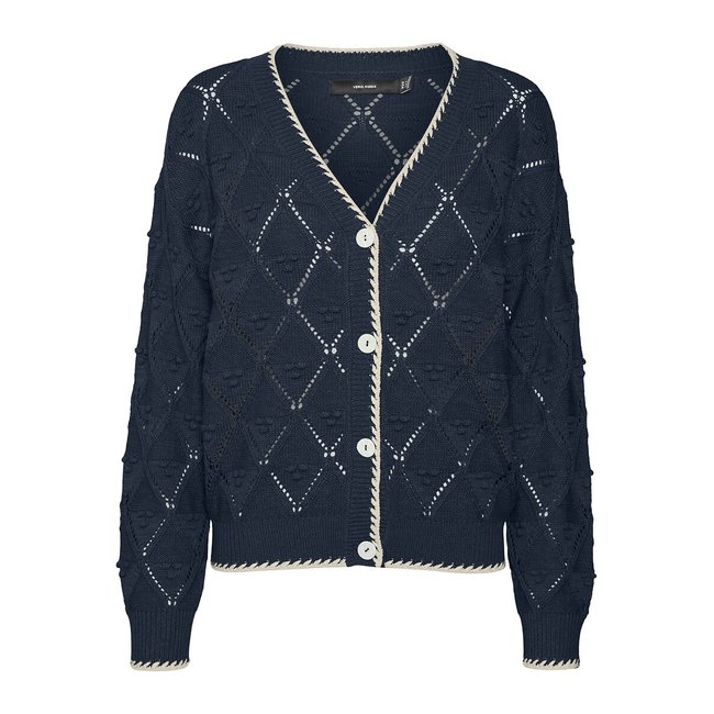 Gilet col V boutonné ecru/marine <span itemprop=